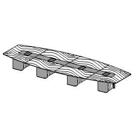 Овальный переговорный стол: дерев.столешница, вставка из хромир.металла, 4 колонны и кабель-каналы, обтянутые кожей; на 18 мест